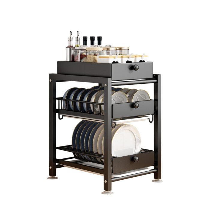 Kitchen Pull-Out 3-Tier Dish Storage Rack Metal Dish Drying Rack with Draining Tray SR1103 - Image 2