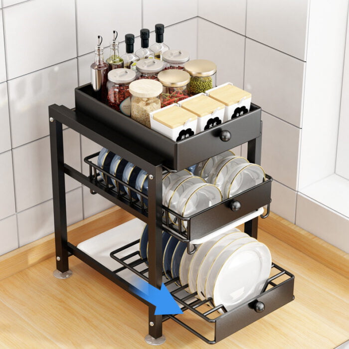 Kitchen Pull-Out 3-Tier Dish Storage Rack Metal Dish Drying Rack with Draining Tray SR1103 - Image 5