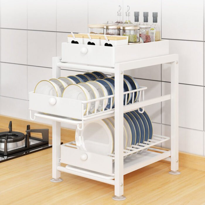 Kitchen Pull-Out 3-Tier Dish Storage Rack Metal Dish Drying Rack with Draining Tray SR1103 - Image 4