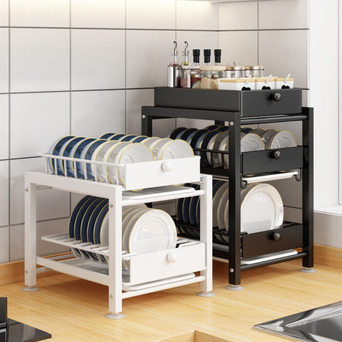Kitchen Pull-Out 3-Tier Dish Storage Rack Metal Dish Drying Rack with Draining Tray SR1103 - Image 3