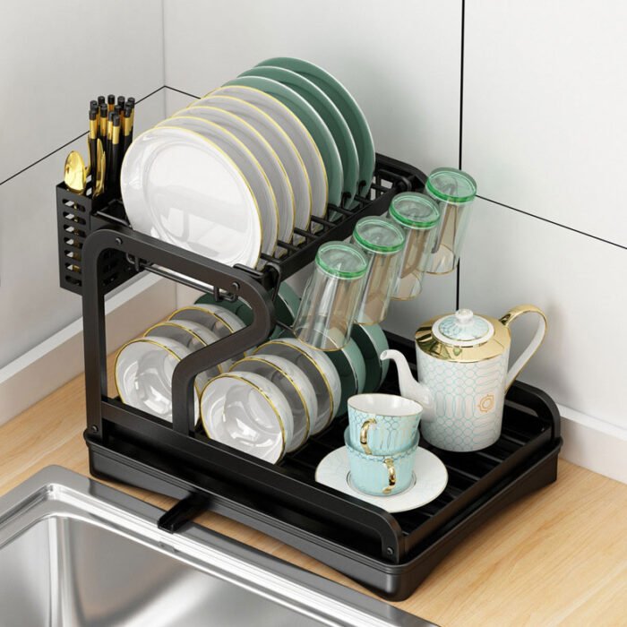 2 Tier Dish Drying Rack and Drainboard Set Dish Drainer Organizer Shelf SR1104