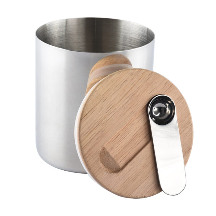 Kitchen Stainless Steel Metal Tea Coffee Sugar Airtight Vacuum Canisters Sets with Spoon Bamboo Wooden Lid S518 - Image 2