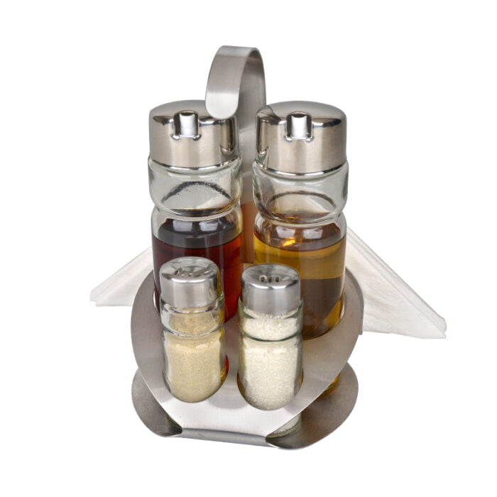 Oil and Vinegar Condiment Set Dispensers 5 Piece Stainless Steel Stand And Glass Bottle Combo Set BMA S1852