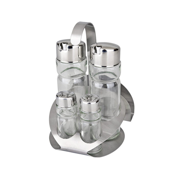 Oil and Vinegar Condiment Set Dispensers 5 Piece Stainless Steel Stand And Glass Bottle Combo Set BMA S1852 - Image 2