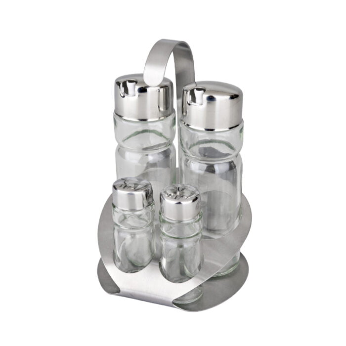 Oil and Vinegar Condiment Set Dispensers 5 Piece Stainless Steel Stand And Glass Bottle Combo Set BMA S1852 - Image 3