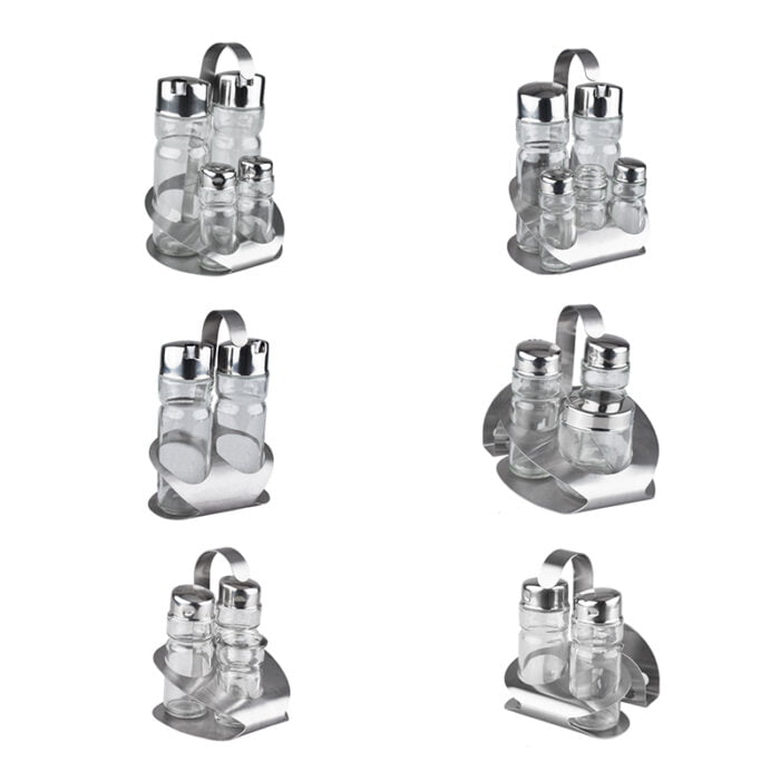 Oil and Vinegar Condiment Set Dispensers 5 Piece Stainless Steel Stand And Glass Bottle Combo Set BMA S1852 - Image 6