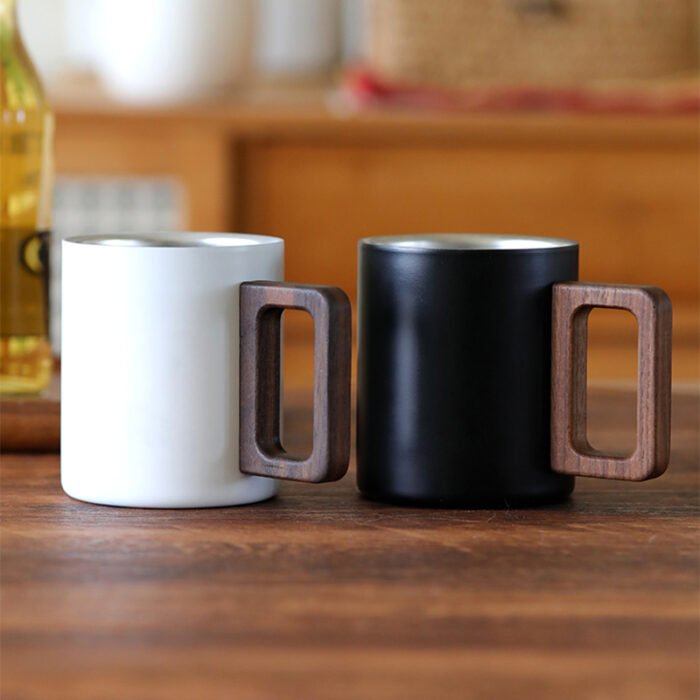 Stainless Steel Modern Double Wall Mugs Coffee Cups Coffee Mug with Wooden Handles 1CP2326 - Image 2