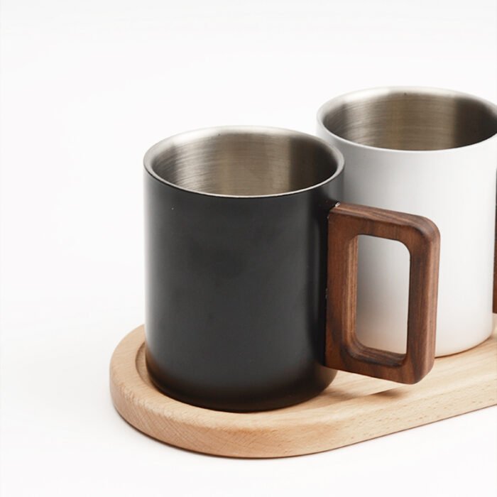 Stainless Steel Modern Double Wall Mugs Coffee Cups Coffee Mug with Wooden Handles 1CP2326 - Image 8