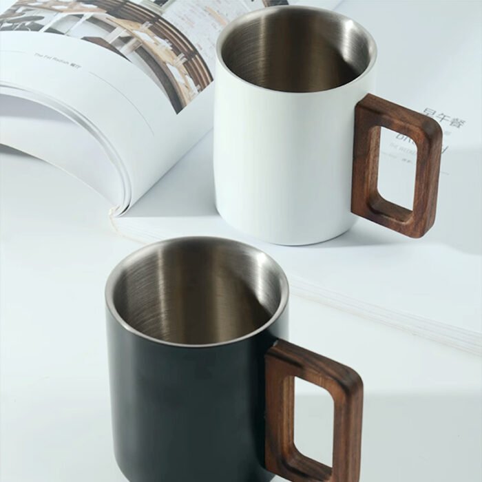 Stainless Steel Modern Double Wall Mugs Coffee Cups Coffee Mug with Wooden Handles 1CP2326 - Image 3