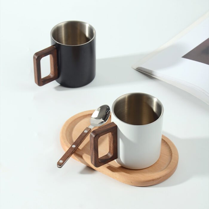 Stainless Steel Modern Double Wall Mugs Coffee Cups Coffee Mug with Wooden Handles 1CP2326