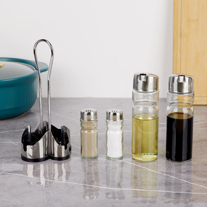 Oil And Spices Shaker Condiment Set, Stainless Steel and Glass, with Stand S1602 - Image 4