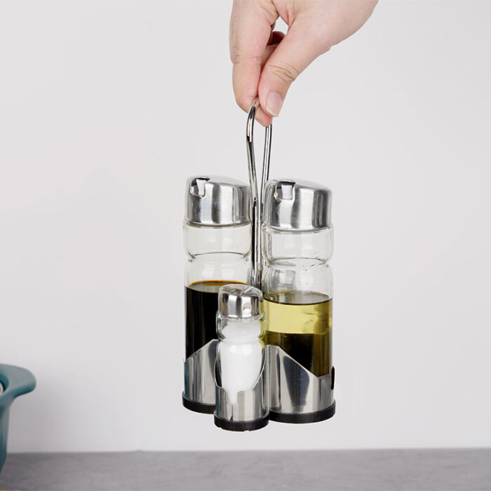 Oil And Spices Shaker Condiment Set, Stainless Steel and Glass, with Stand S1602 - Image 3