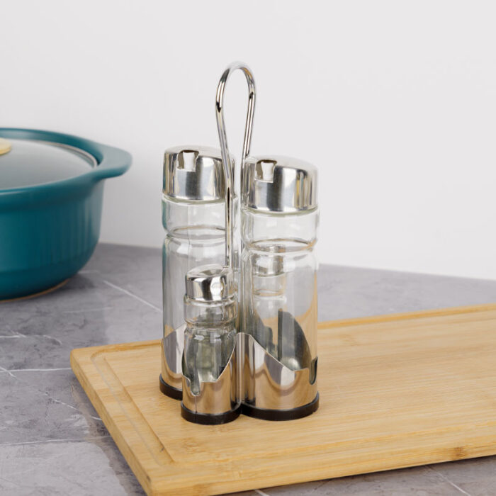 Oil And Spices Shaker Condiment Set, Stainless Steel and Glass, with Stand S1602 - Image 2