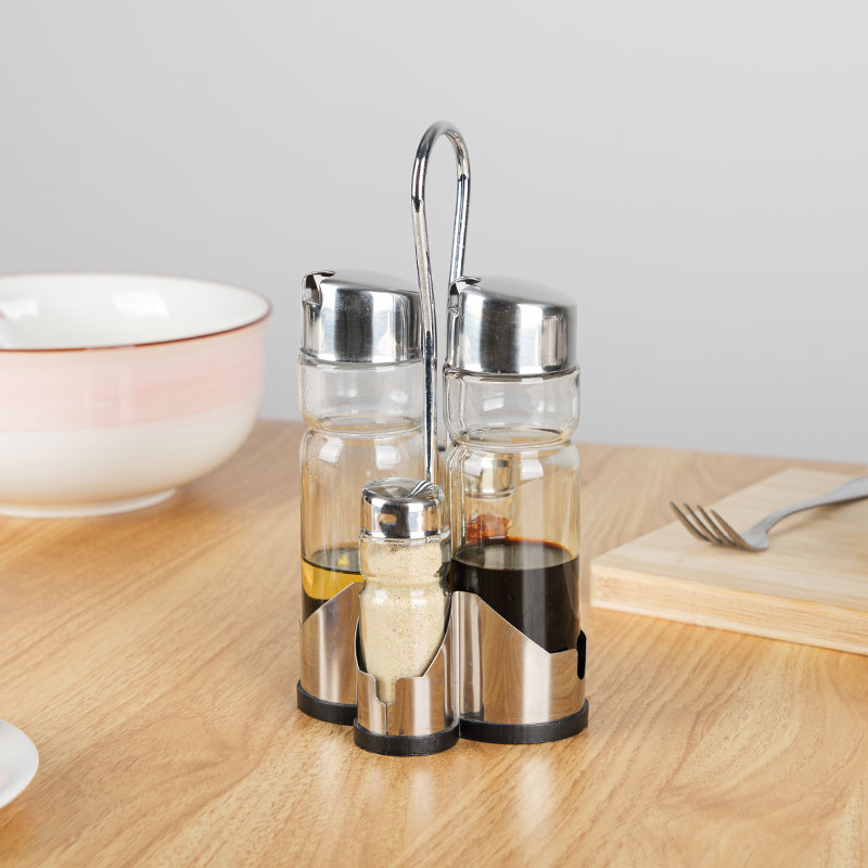 Oil And Spices Shaker Condiment Set, Stainless Steel and Glass, with Stand S1602
