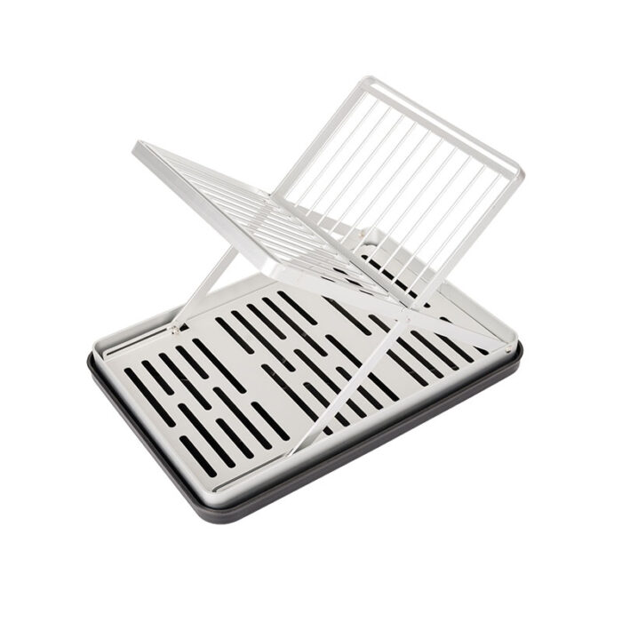 2-Tier Fold Flat Dish Drying Rack, Aluminum, with Drainboard and Drainpipe, SR1105 - Image 2