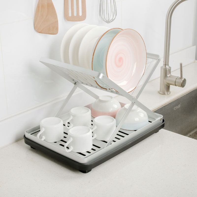 2-Tier Fold Flat Dish Drying Rack, Aluminum, with Drainboard and Drainpipe, SR1105