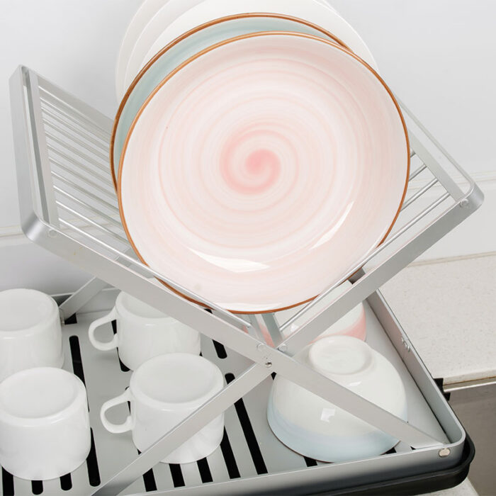 2-Tier Fold Flat Dish Drying Rack, Aluminum, with Drainboard and Drainpipe, SR1105 - Image 7