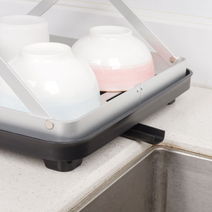 2-Tier Fold Flat Dish Drying Rack, Aluminum, with Drainboard and Drainpipe, SR1105 - Image 9