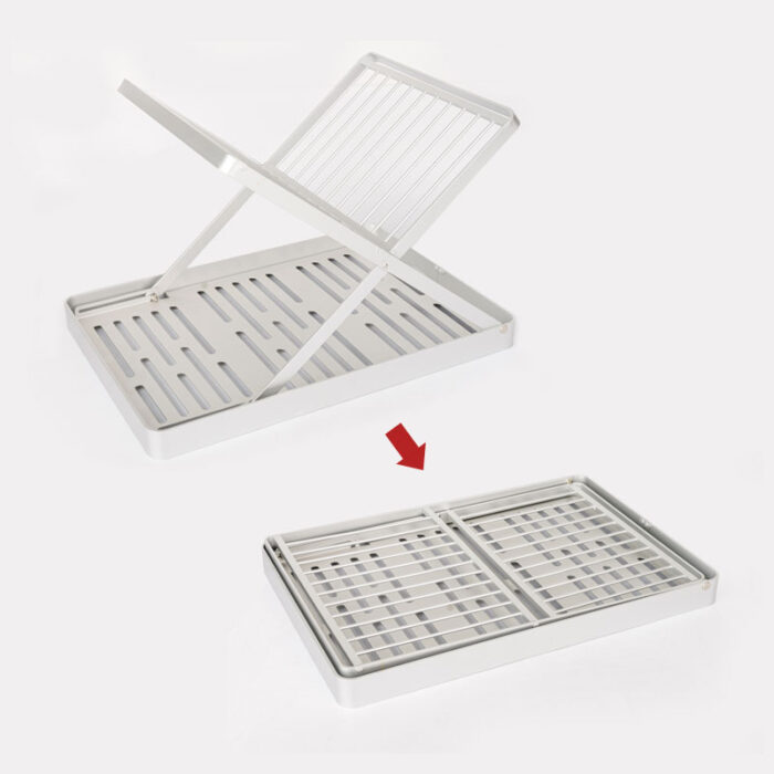 2-Tier Fold Flat Dish Drying Rack, Aluminum, with Drainboard and Drainpipe, SR1105 - Image 4