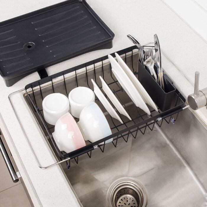 Dual-Use Telescopic Bracket Dish Drying Rack in Sink, Drainboard With Drainpipe, SR1107