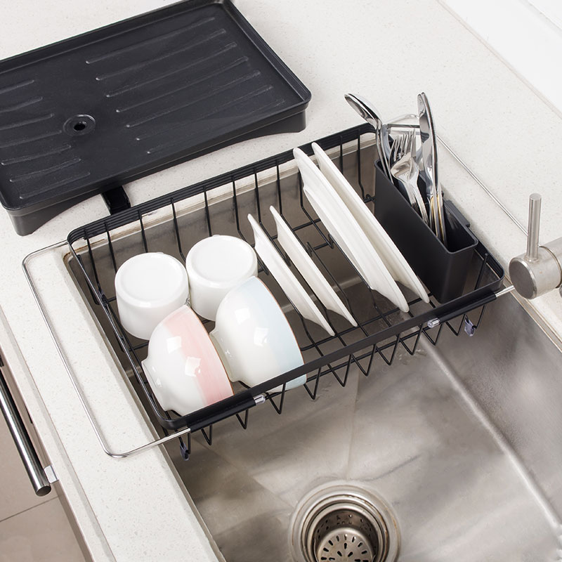 Dual-Use Telescopic Bracket Dish Drying Rack in Sink, Drainboard With Drainpipe, SR1107