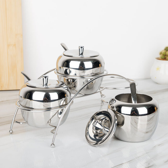 Stainless Steel Salt Sugar Spice Bottle Set with Stand, 7Pcs, Large Capacity ZX002