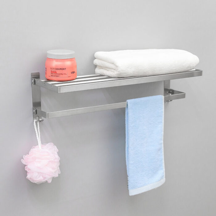 Stainless Steel Tower Shelf Towel Hanger, 2 Tiers, Folding, Wall Mount, BR95608