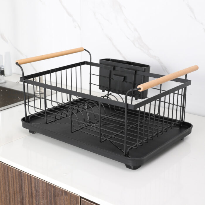Metal Dish Drying Rack with Drainboard, Wood Handle, Black, 1KP2239 - Image 3