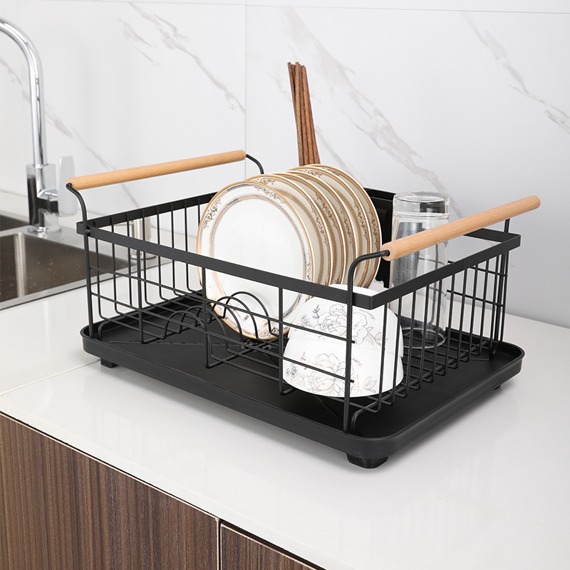 Metal Dish Drying Rack with Drainboard, Wood Handle, Black, 1KP2239