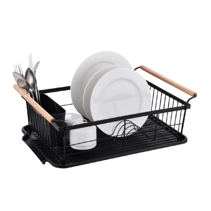 Metal Dish Drying Rack with Drainboard, Wood Handle, Black, 1KP2239 - Image 2