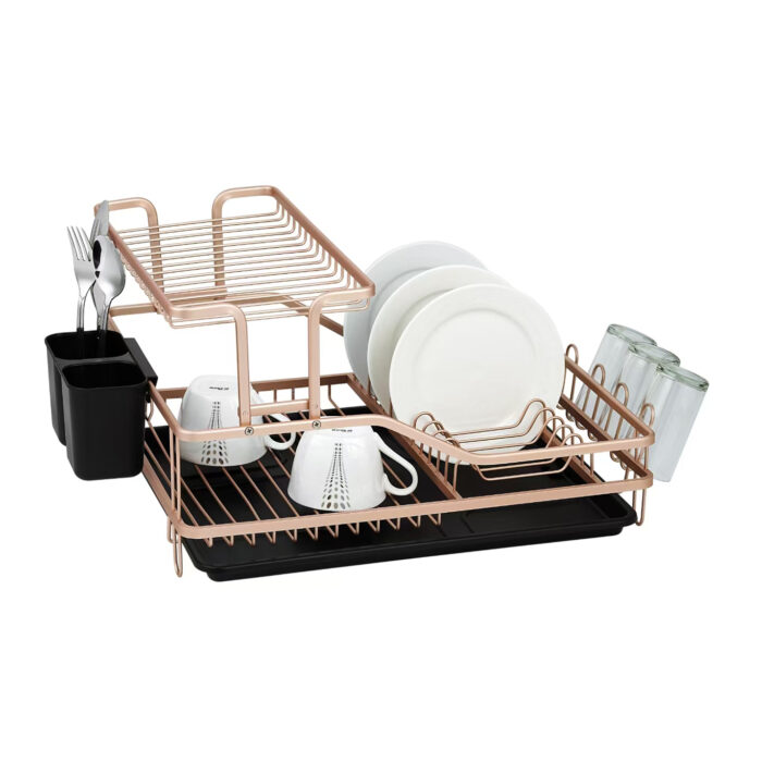 Aluminum 2-Tier Dish Drying Rack with Drainboard, Cup Holder, 1KP2241 - Image 4