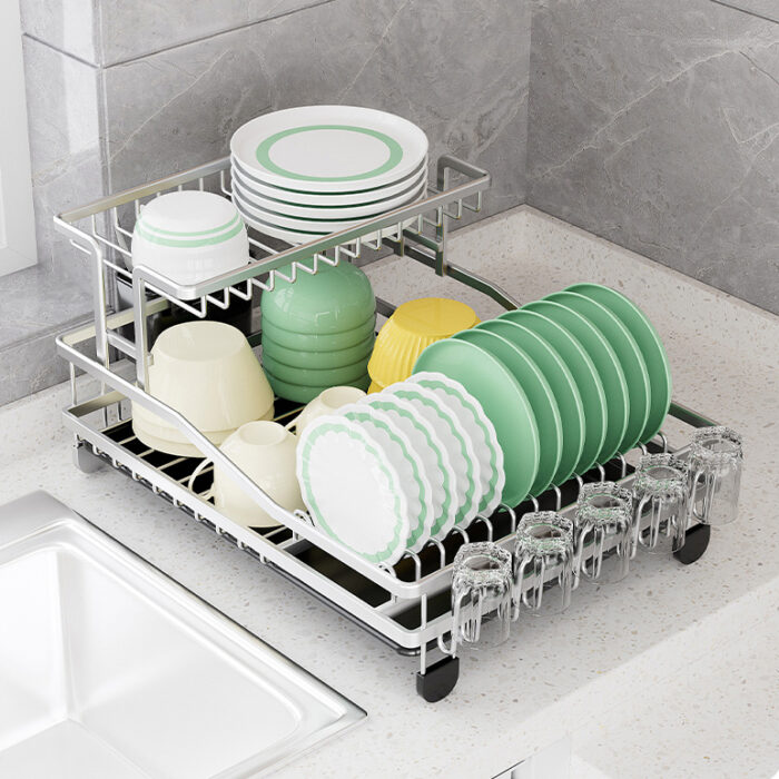 Aluminum 2-Tier Dish Drying Rack with Drainboard, Cup Holder, 1KP2241