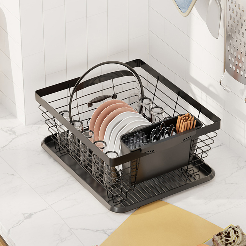 Metal Kitchen Dish Drainer with Cutlery Holder and Drainboard, Black, 1KP2242