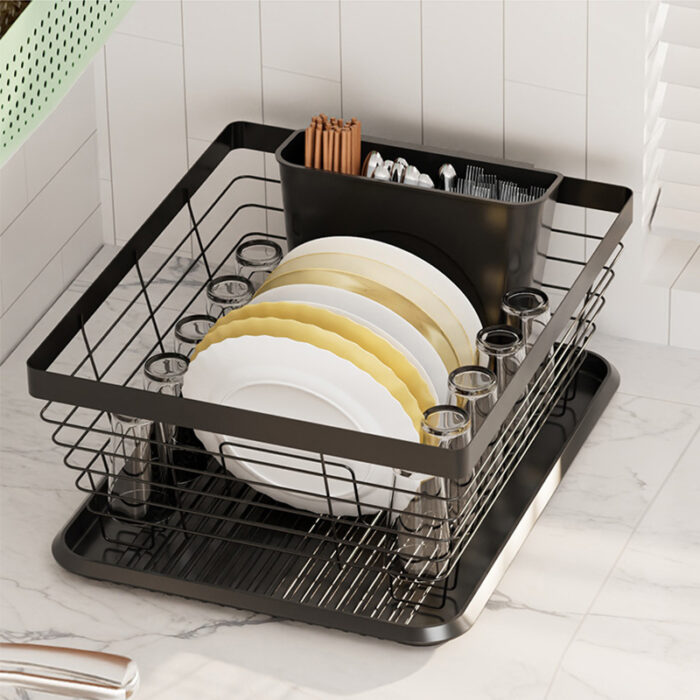 Metal Kitchen Dish Drainer with Cutlery Holder and Drainboard, Black, 1KP2242 - Image 4