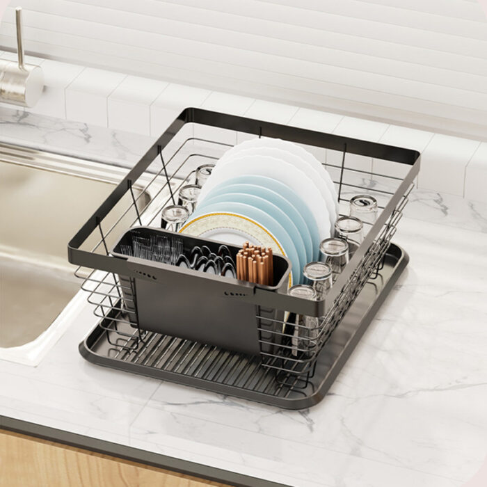 Metal Kitchen Dish Drainer with Cutlery Holder and Drainboard, Black, 1KP2242 - Image 5