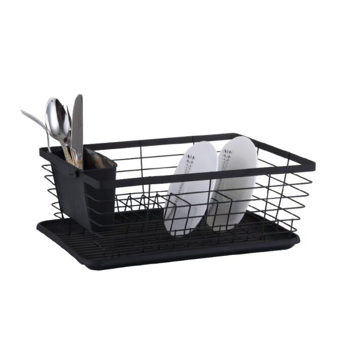 Metal Kitchen Dish Drainer with Cutlery Holder and Drainboard, Black, 1KP2242 - Image 2