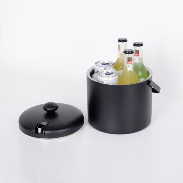 Double Walled Ice Bucket with Lid and Tongs, Black, IB2102