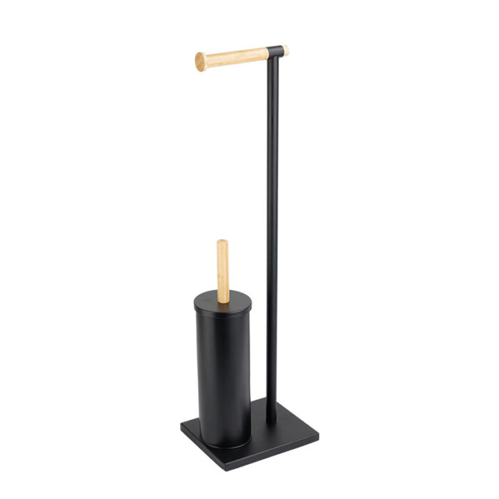 Toilet Paper Holder Stand with Toilet Brush, Black, Wood and Metal, PH624 - Image 2