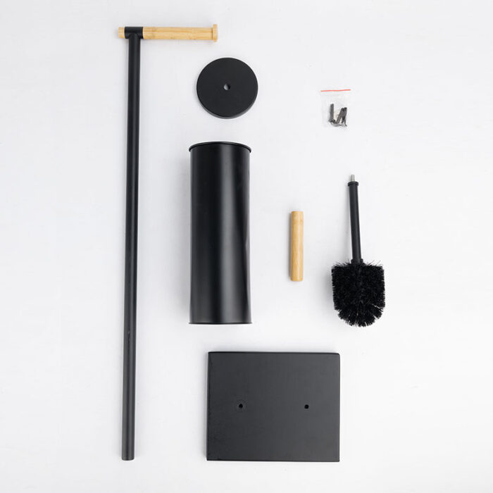 Toilet Paper Holder Stand with Toilet Brush, Black, Wood and Metal, PH624 - Image 3