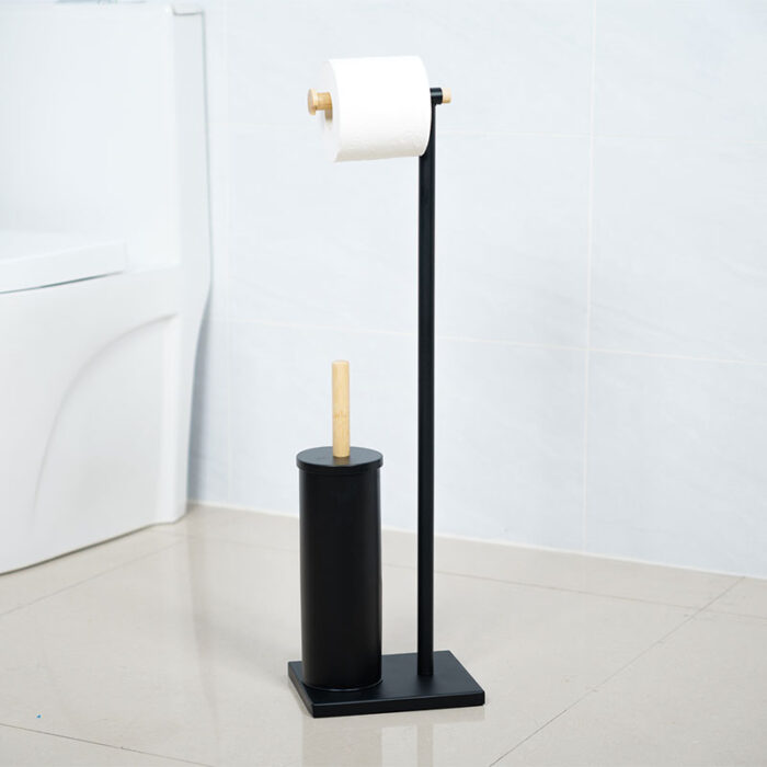 Toilet Paper Holder Stand with Toilet Brush, Black, Wood and Metal, PH624