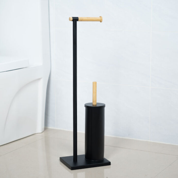 Toilet Paper Holder Stand with Toilet Brush, Black, Wood and Metal, PH624 - Image 7