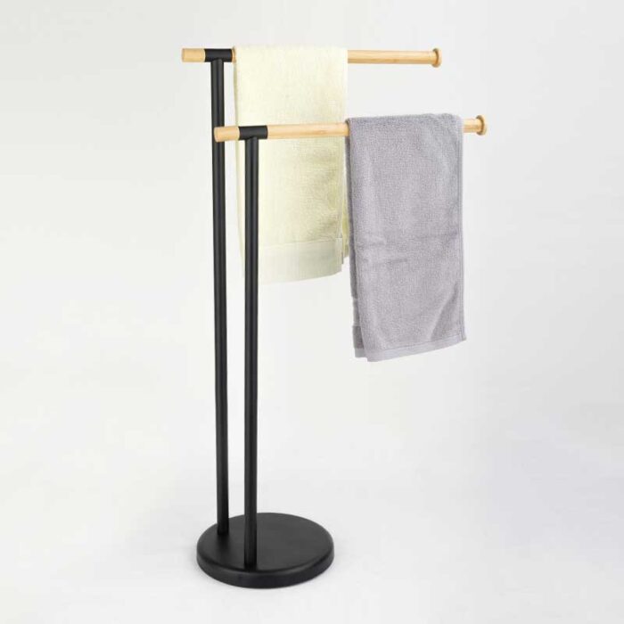 Bathroom Floor Towel Holder Standing Towel Rack, 2 Tiers, Metal and Wood, PH629 - Image 3