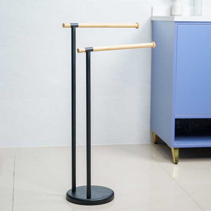 Bathroom Floor Towel Holder Standing Towel Rack, 2 Tiers, Metal and Wood, PH629 - Image 6
