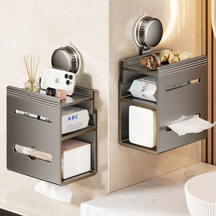 Suction Cups No-Nail Installation Toilet Paper Holder with Shelf, Aluminum, 3-Tier, 1BP2521