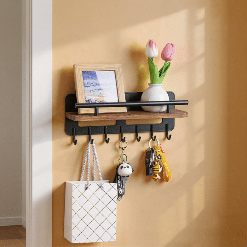 Entrance Hall Storage Rack and Key Holder for Wall, Black ,Metal, 7 Hooks, MHK1014