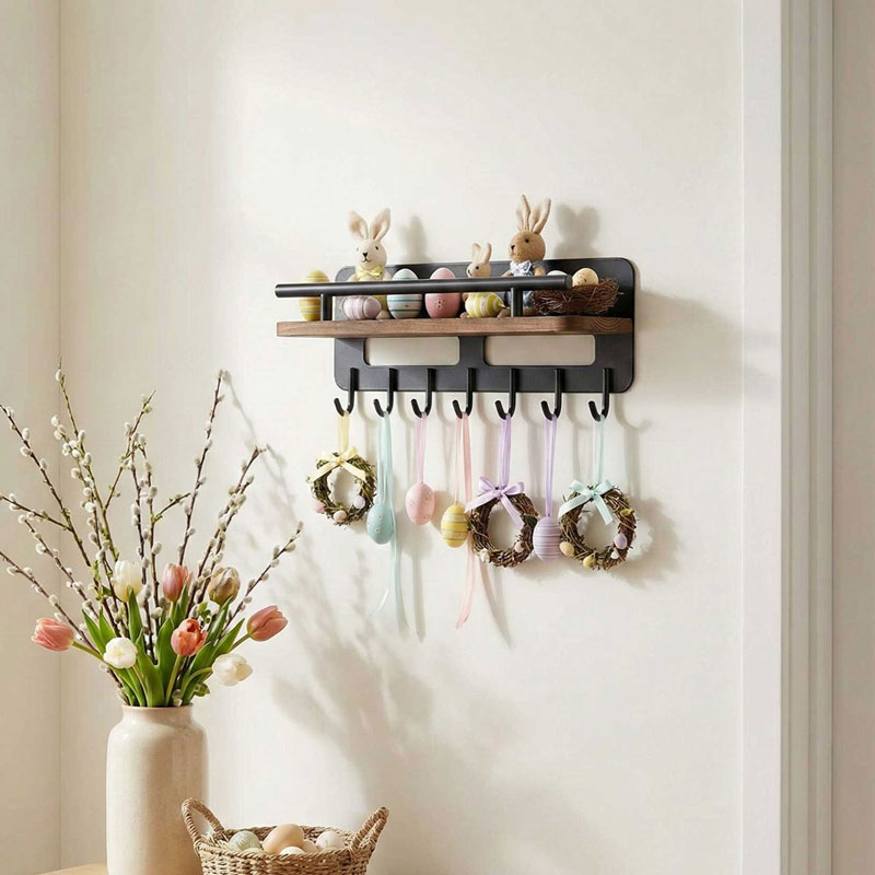 Entrance Hall Storage Rack and Key Holder for Wall, Black ,Metal, 7 Hooks, MKH1014