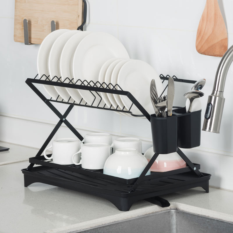 Metel Collapsible Dish Drying Rack, Black, Drainboard With Drainpipe,1KP2287