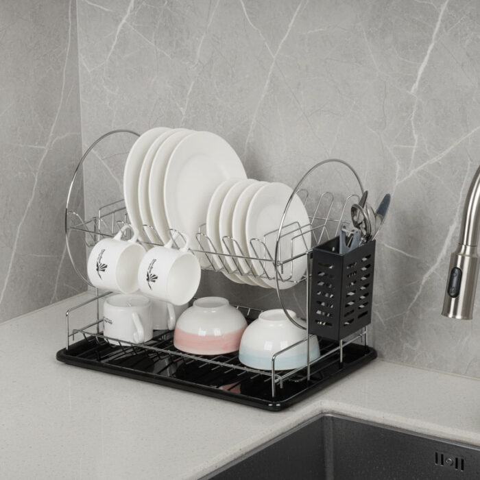 2-Tier Dish Drying Rack for Kitchen Counter, Black, Drainboard, 1KP2237缩略图