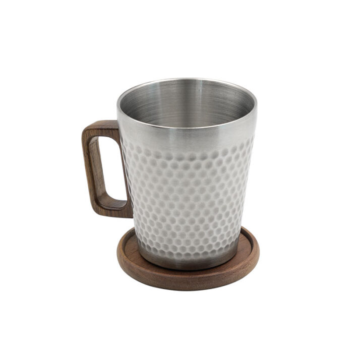 Double-Layer Coffee Mug with Wood Coaster, Stainless Steel, Hammer Point, 300ML缩略图