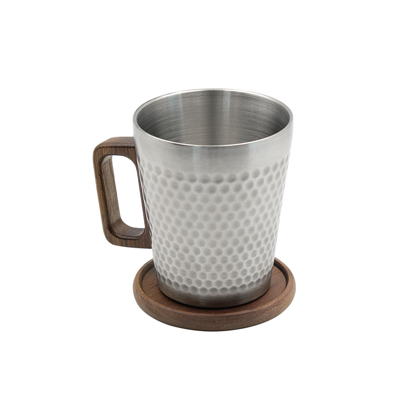 Double-Layer Coffee Mug with Wood Coaster, Stainless Steel, Hammer Point, 300ML